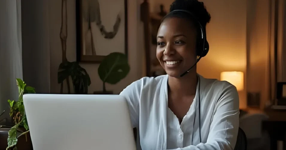 African American virtual receptionist providing after-hours call answering support during the evening.